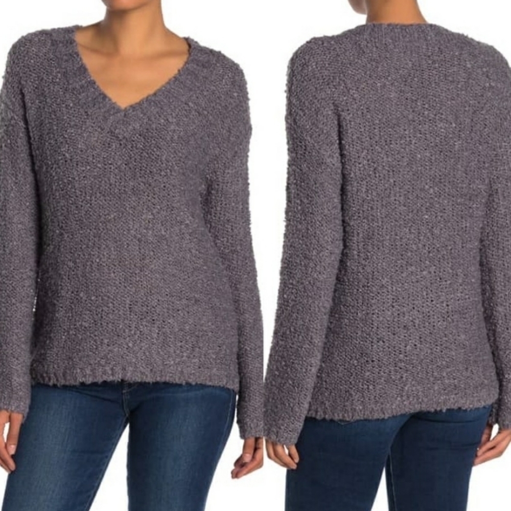 NEW Susina Fluffy V-Neck Boucle Sweater Grey